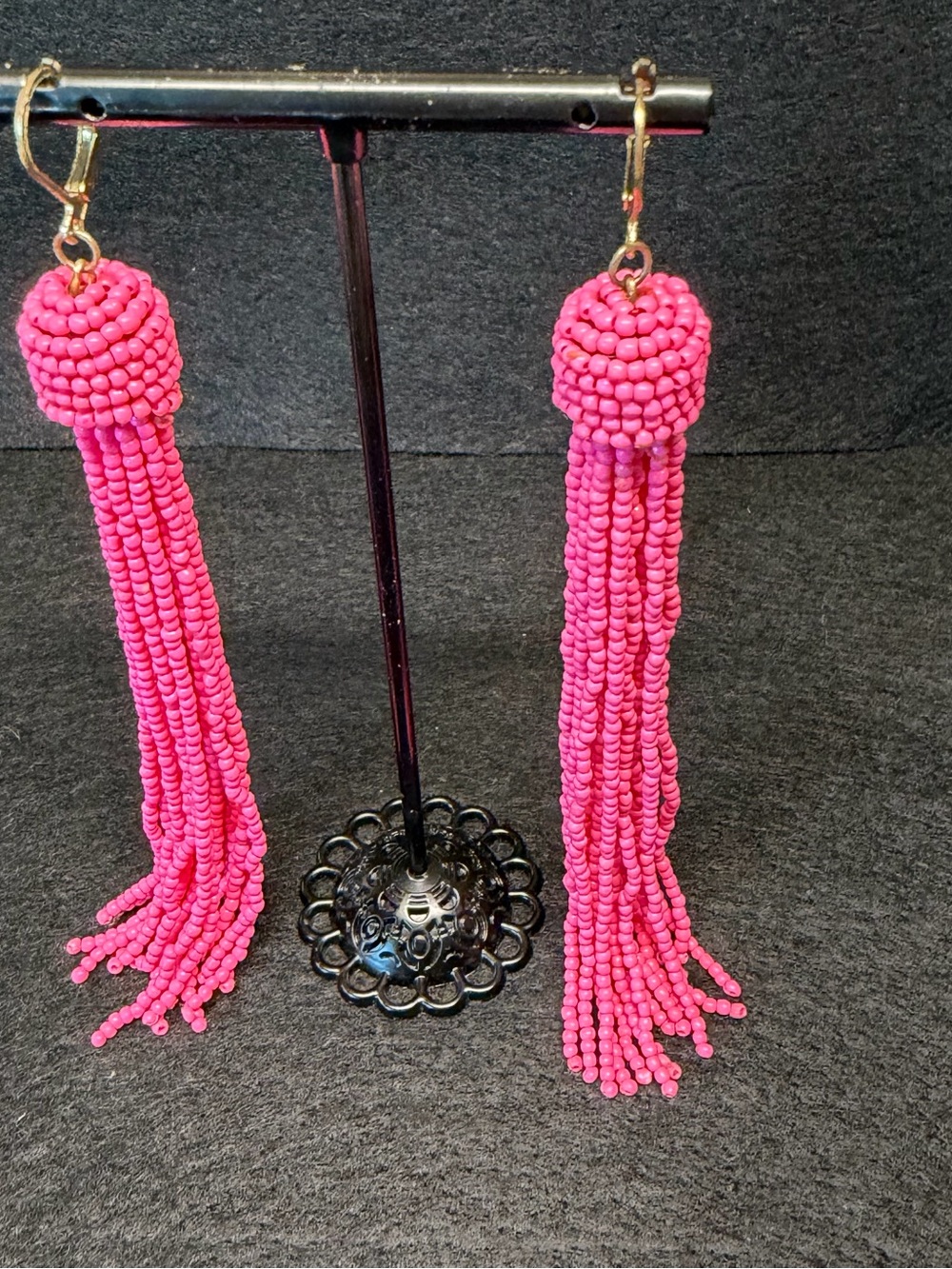 Artisan Made Fuchsia Hot Pink Beaded Tassel Earrings 5” Boho Statement Dangles - Picture 2 of 8
